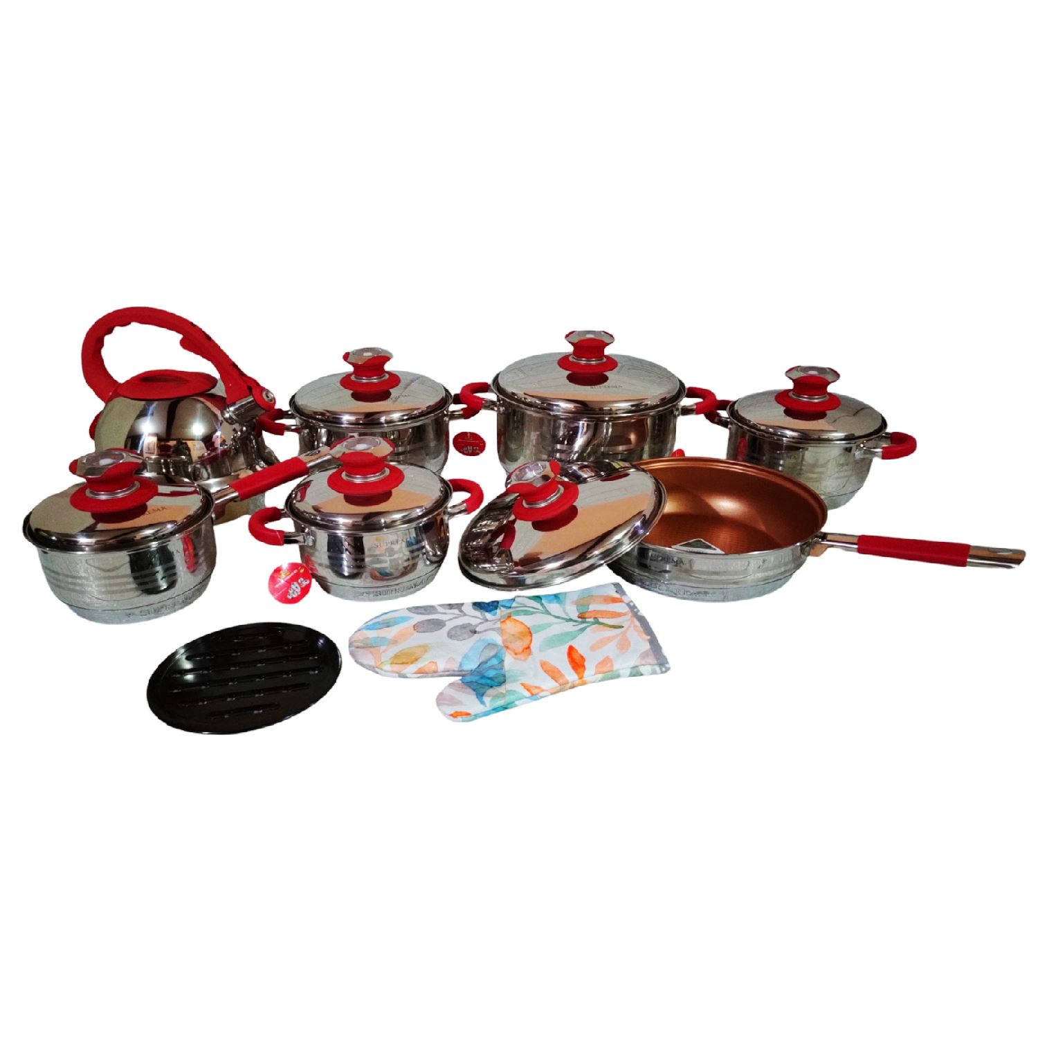 Set de Ollas SUPREMA 14 Piezas SU-TC020-14PC Tapas de Acero Inoxidable Rojo