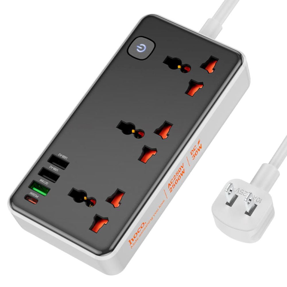 Supresor de Picos Extensión AC8 HOCO 3 Tomas Universales 3 USB-A y 1 USB-C Black