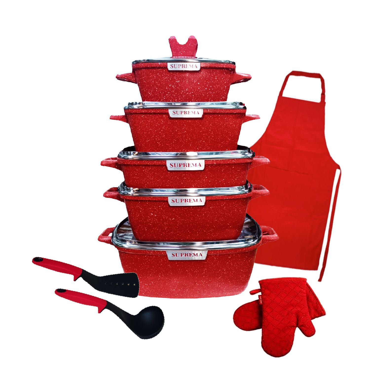 Set de Ollas Cuadradas SUPREMA Granito Antiadherente Rojo