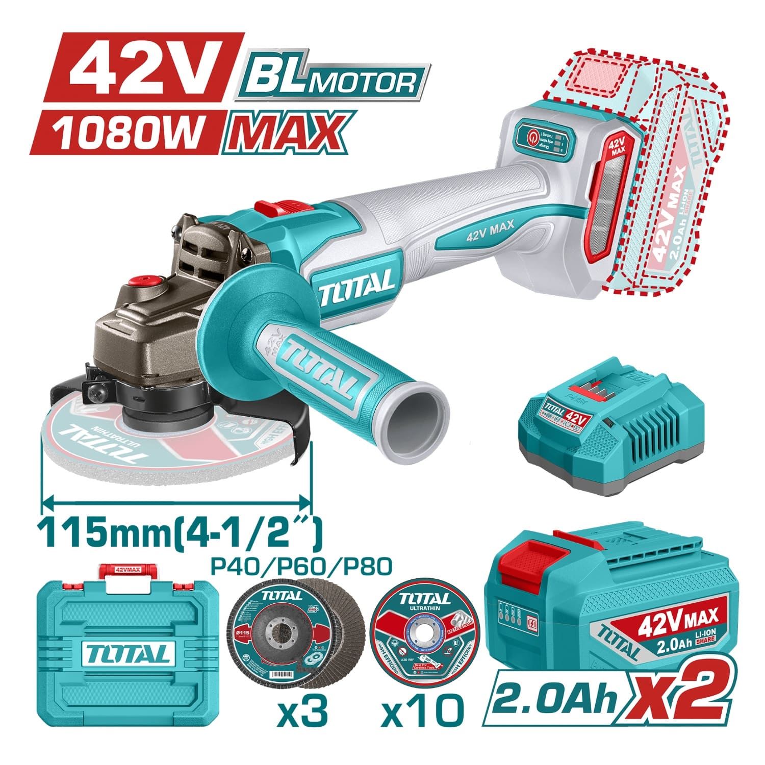 Amolador inalambrica 1280w 4-1/2'' + 2 batería y cargador 42v total