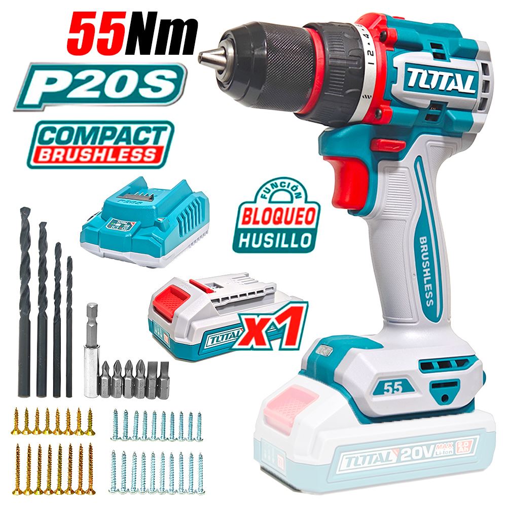 Taladro Atornillador Industrial 1/2" Total TDLI205582 20V 55Nm 1Bat x 2Ah Brushless + Accesorios