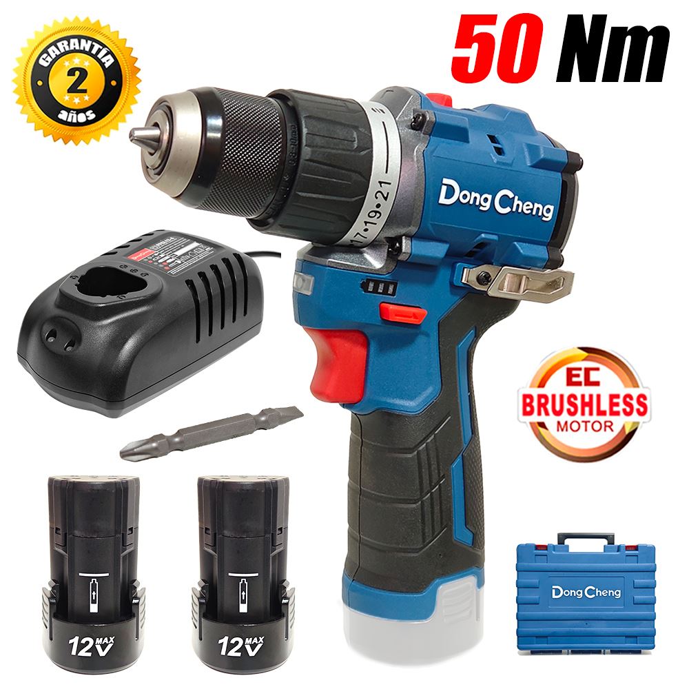 Taladro Atornillador Percutor 3/8" Dongcheng DCJZ1250iEK 12V 50Nm 2Bat x 2Ah Brushless