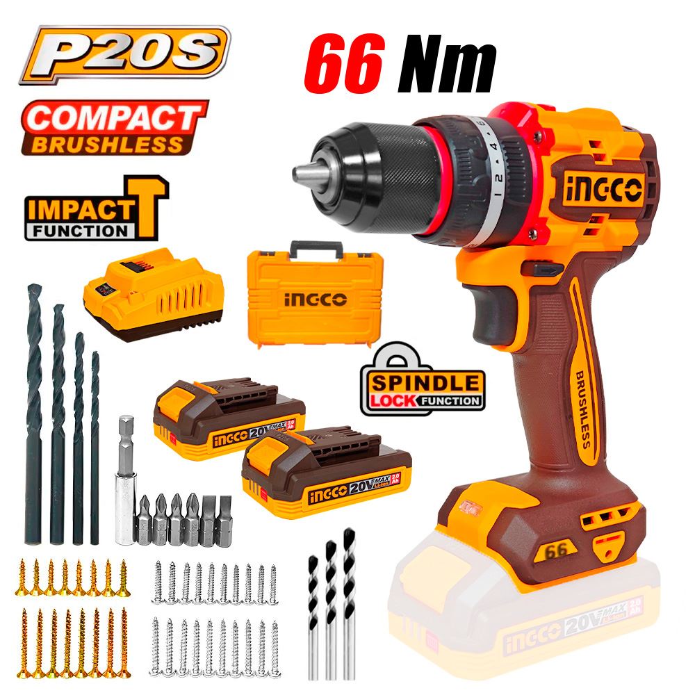 Taladro Atornillador Percutor Industrial 1/2″ Ingco CIDLI20668 20V 66Nm 2Bat x 2Ah Brushless + Accesorios
