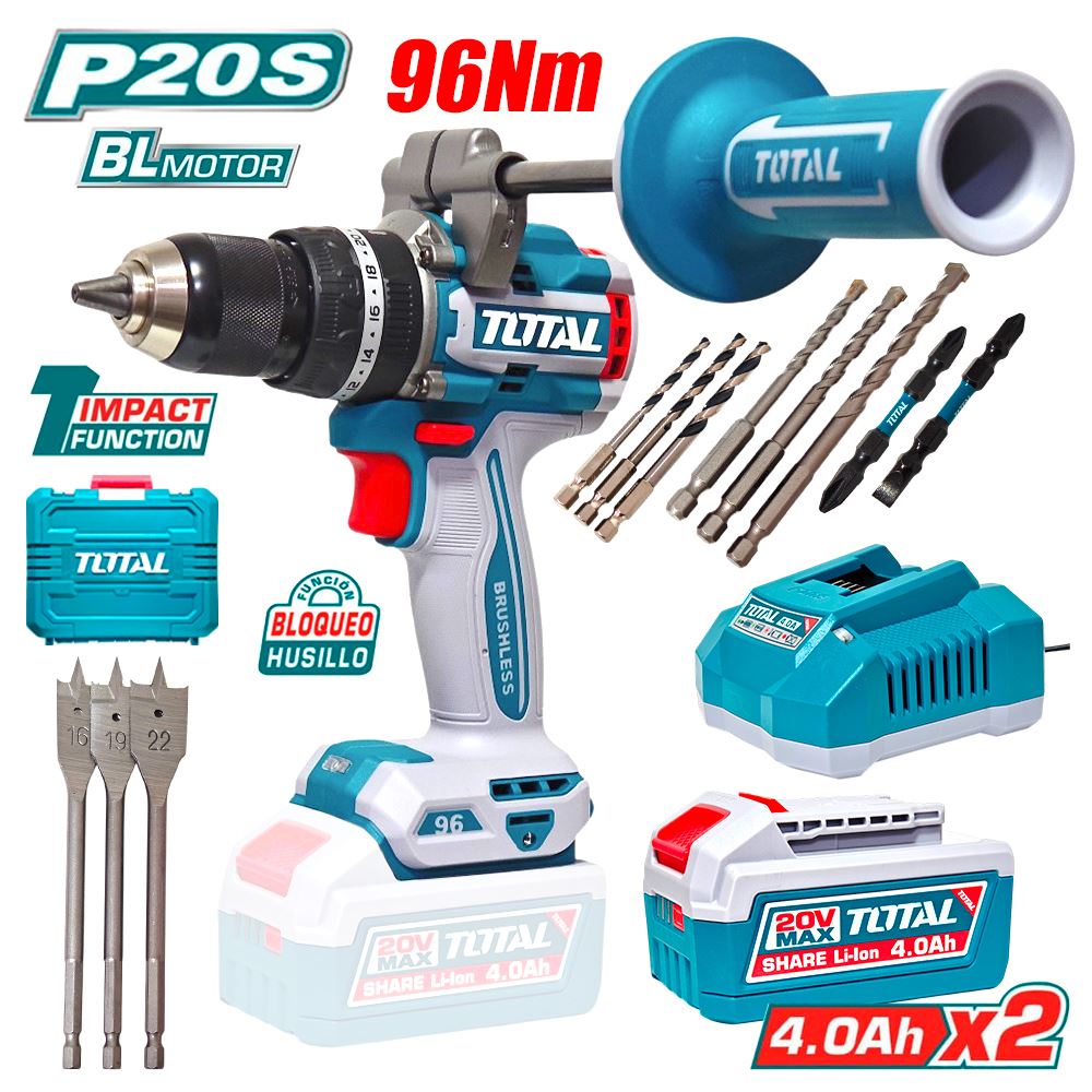 Taladro Atornillador Percutor Industrial 1/2" Total TIDLI209686 20V 96Nm 2Bat x 4Ah Brushless + Accesorios