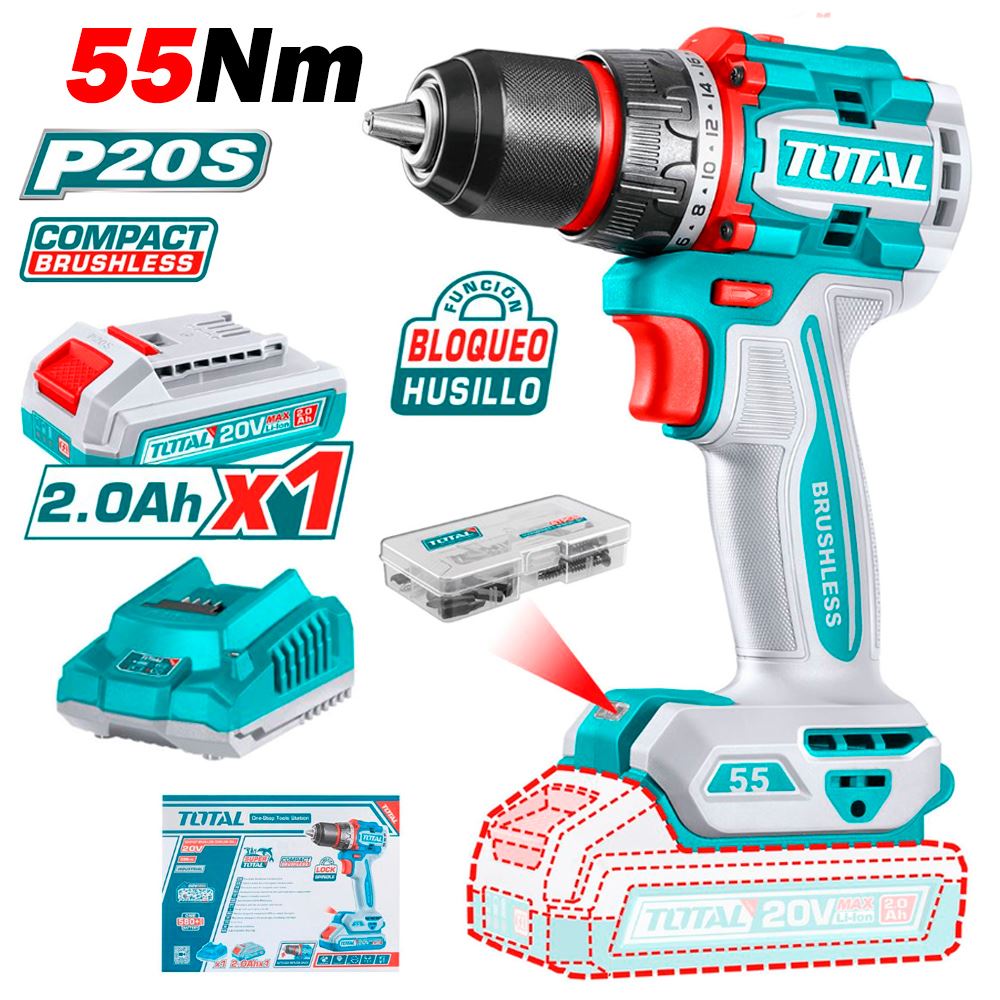 Taladro Atornillador Industrial 1/2" Total TDLI205582 20V 55Nm 1Bat x 2Ah Brushless + Accesorios