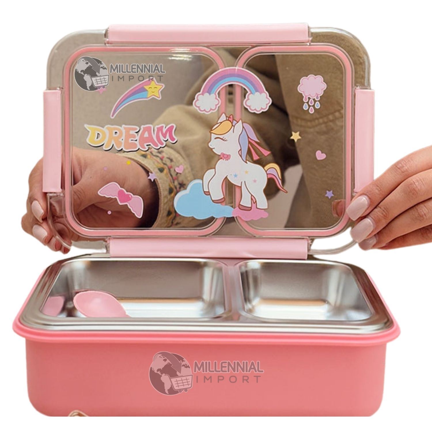 Taper Lonchera a Prueba de Fugas Tipo Bentgo de Acero Inoxidable color Rosado