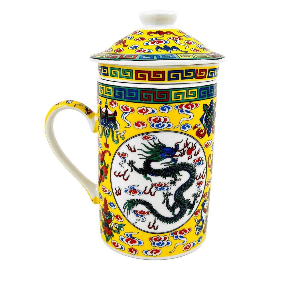 Taza Ceramica Con Filtro Oriental Dragon Ashta Mangalas 3pza