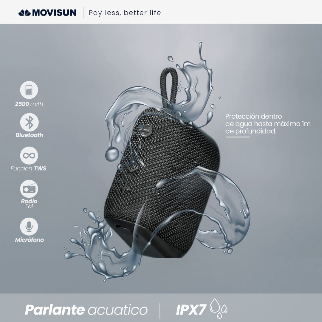 Parlante Bluetooth Acuático IPX7 Movisun Power Mini Negro