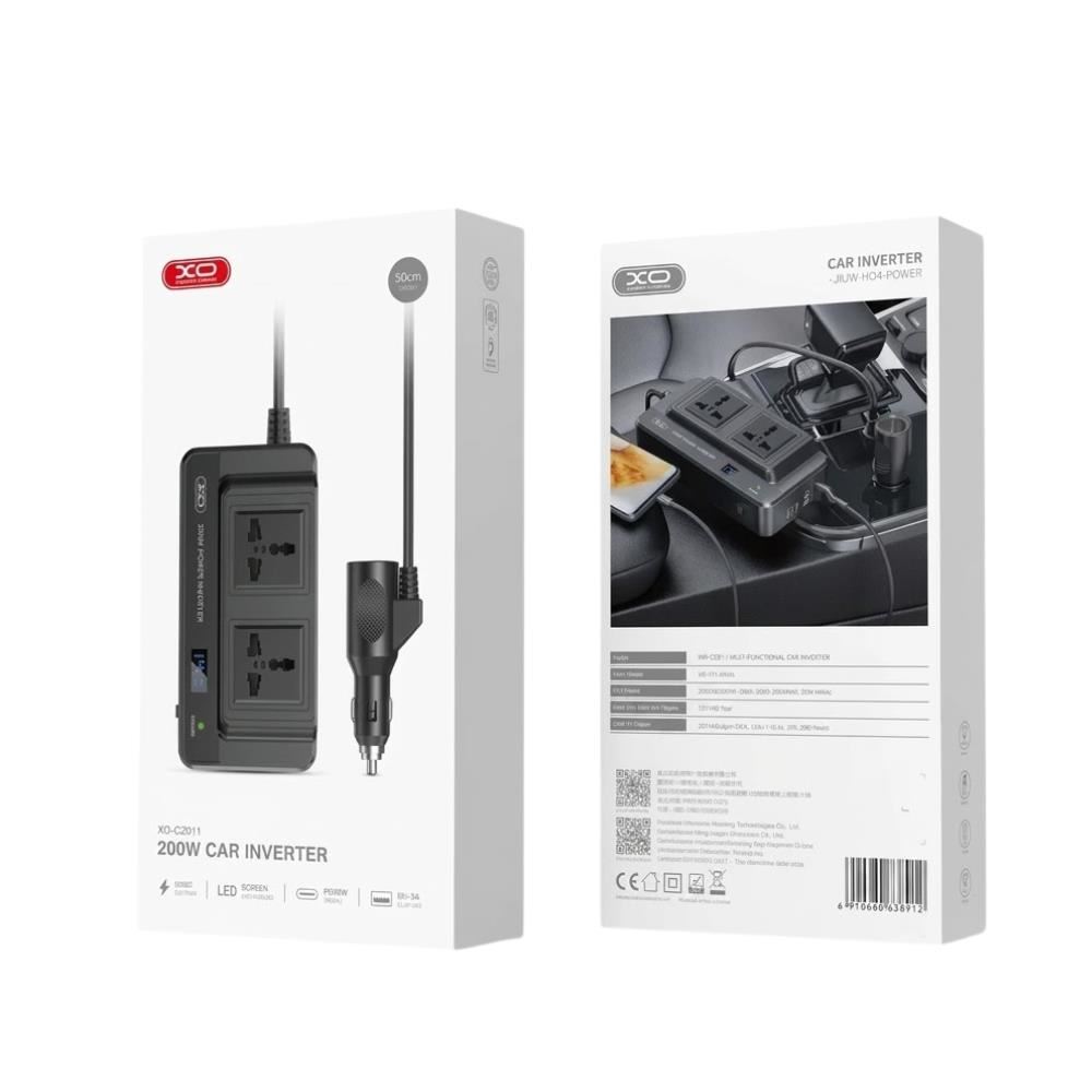"Inversor de Corriente para Cigarrera 200W para Auto con 2 Tomas AC, 2 Puertos USB y USB-C XO-CZ011"
