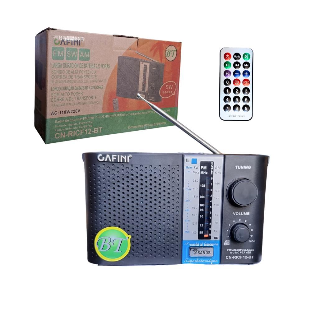 Radio Portatil AM/FM/SW con Bluetooth, USB, MicroSD y AUX Control Remoto Alimentacion por Corriente, Bateria o 2 Pilas D CAFINI CN-RICF12-BT