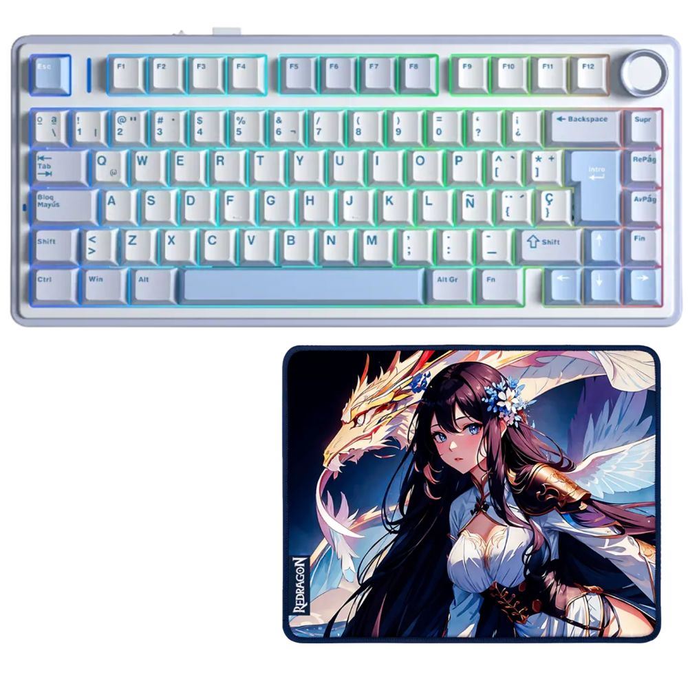 Teclado Aula F75 RGB inalámbrico ES blanco y celeste switch Reaper + Mousepad Redragon AK1S
