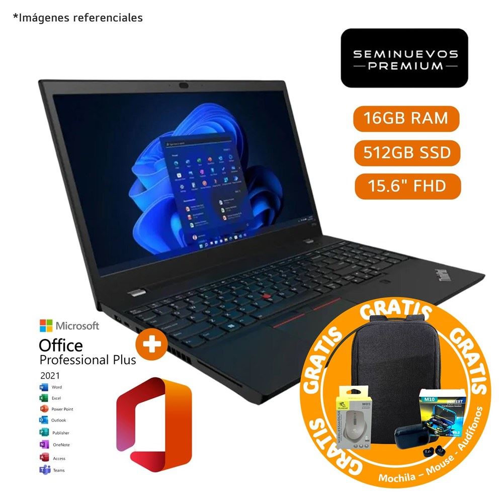 LAPTOP LENOVO THINKPAD T15 G1 15.6” TACTIL INTEL Ci7 GEN10 16GB RAM 512GB SSD W11 PRO SEMINUEVA + OFFICE 2021 ORIGINAL + COMBO PARA LAPTOP GRATIS
