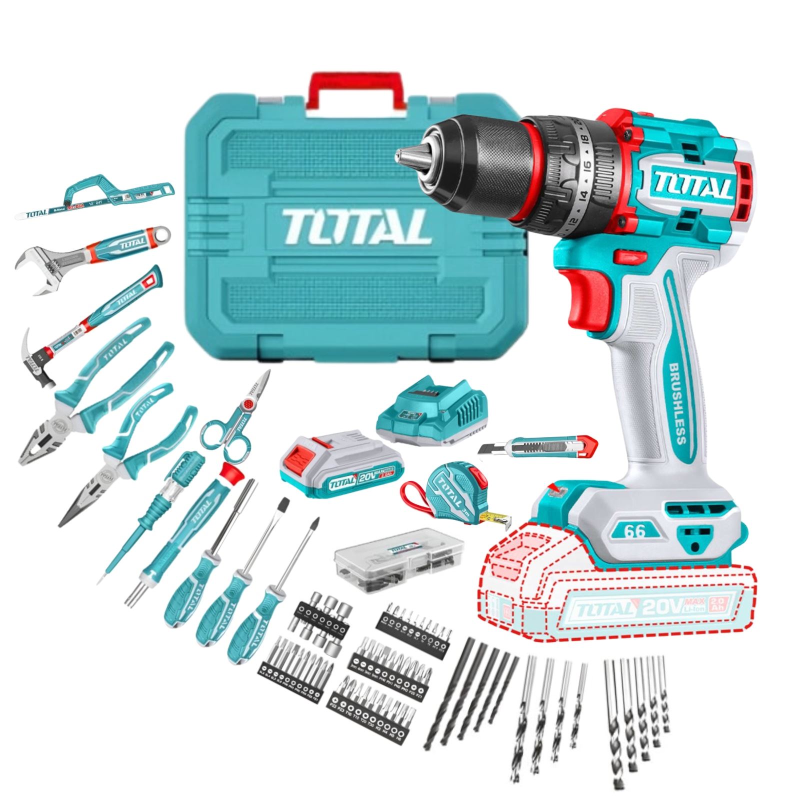 Taladro percutor 66nm 20v + 165 herramientas Total