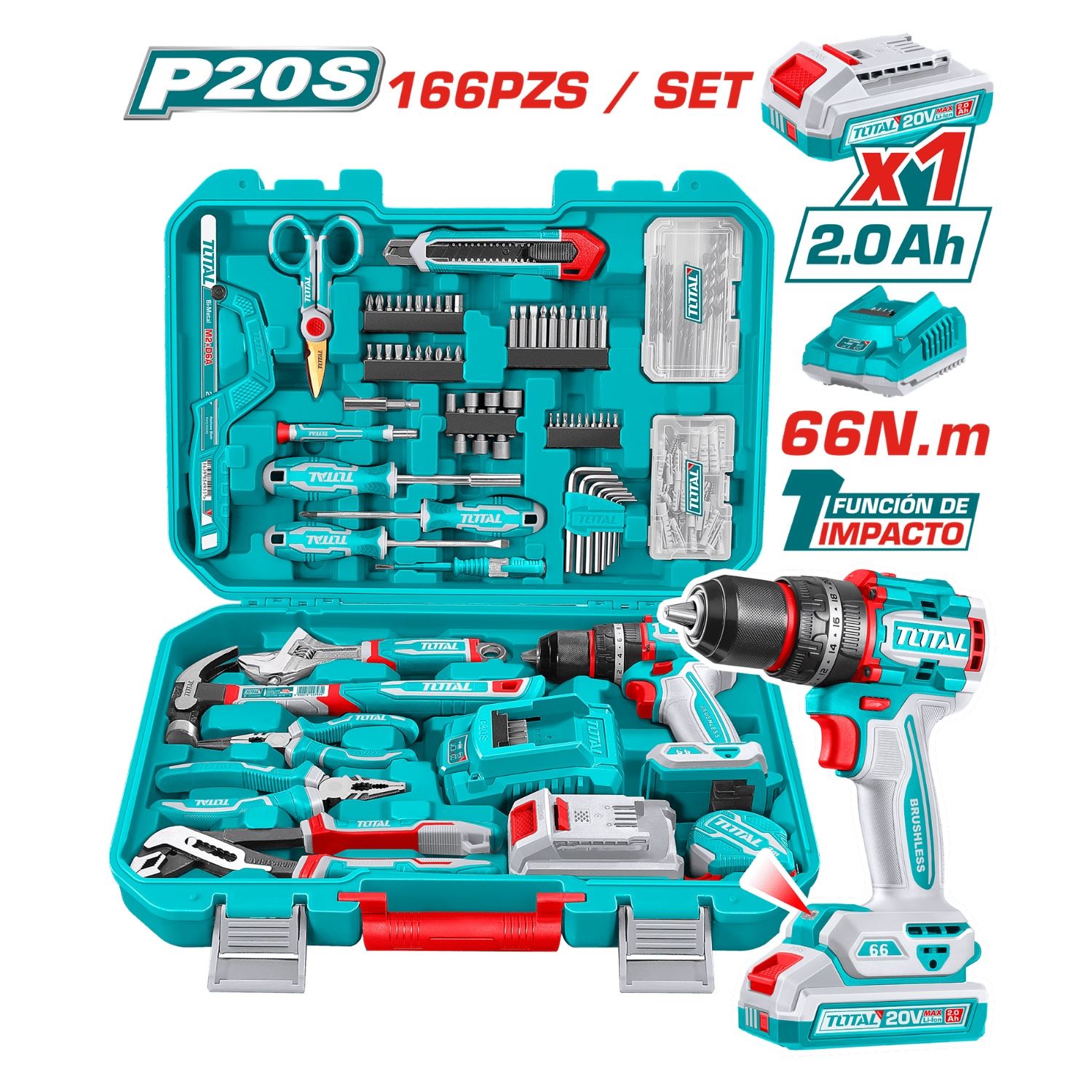 Taladro percutor 66nm 20v + 166 herramientas Total