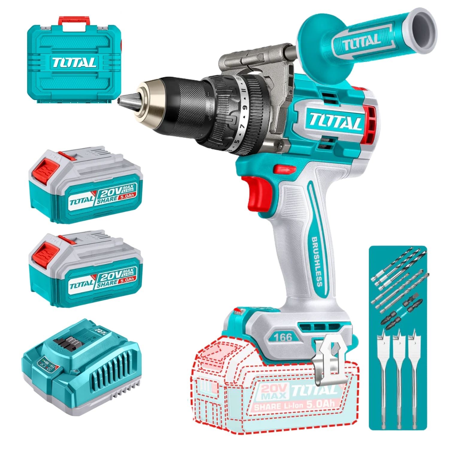 Taladro Percutor 166nm + 2 Baterias 5amp  y 1 Cargador 20v Total