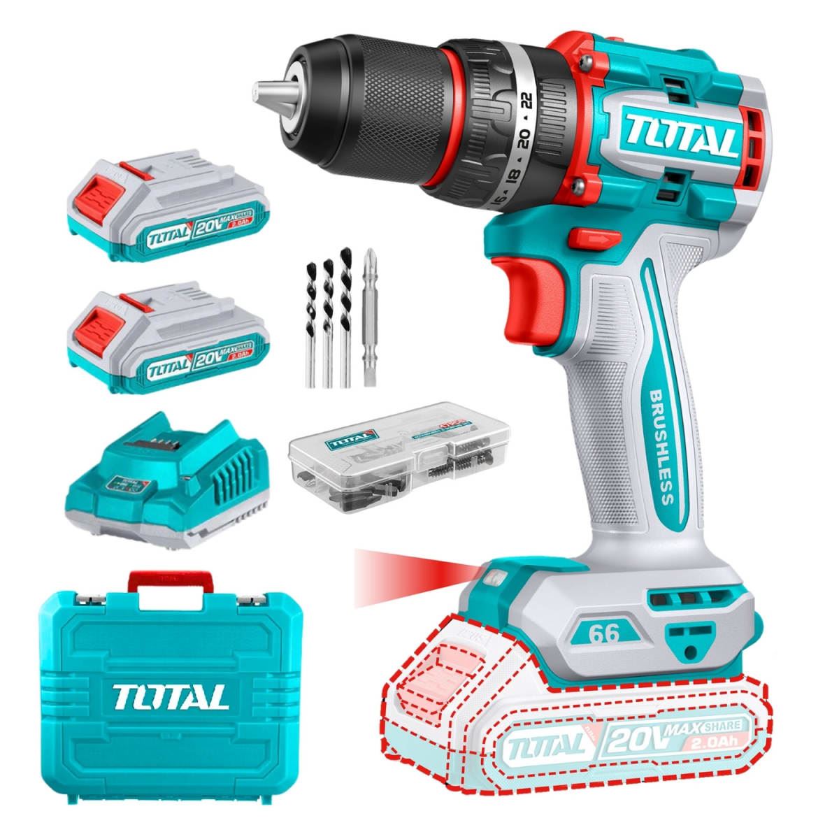 Taladro percutor 66nm + 2 baterías 2ah industrial Total