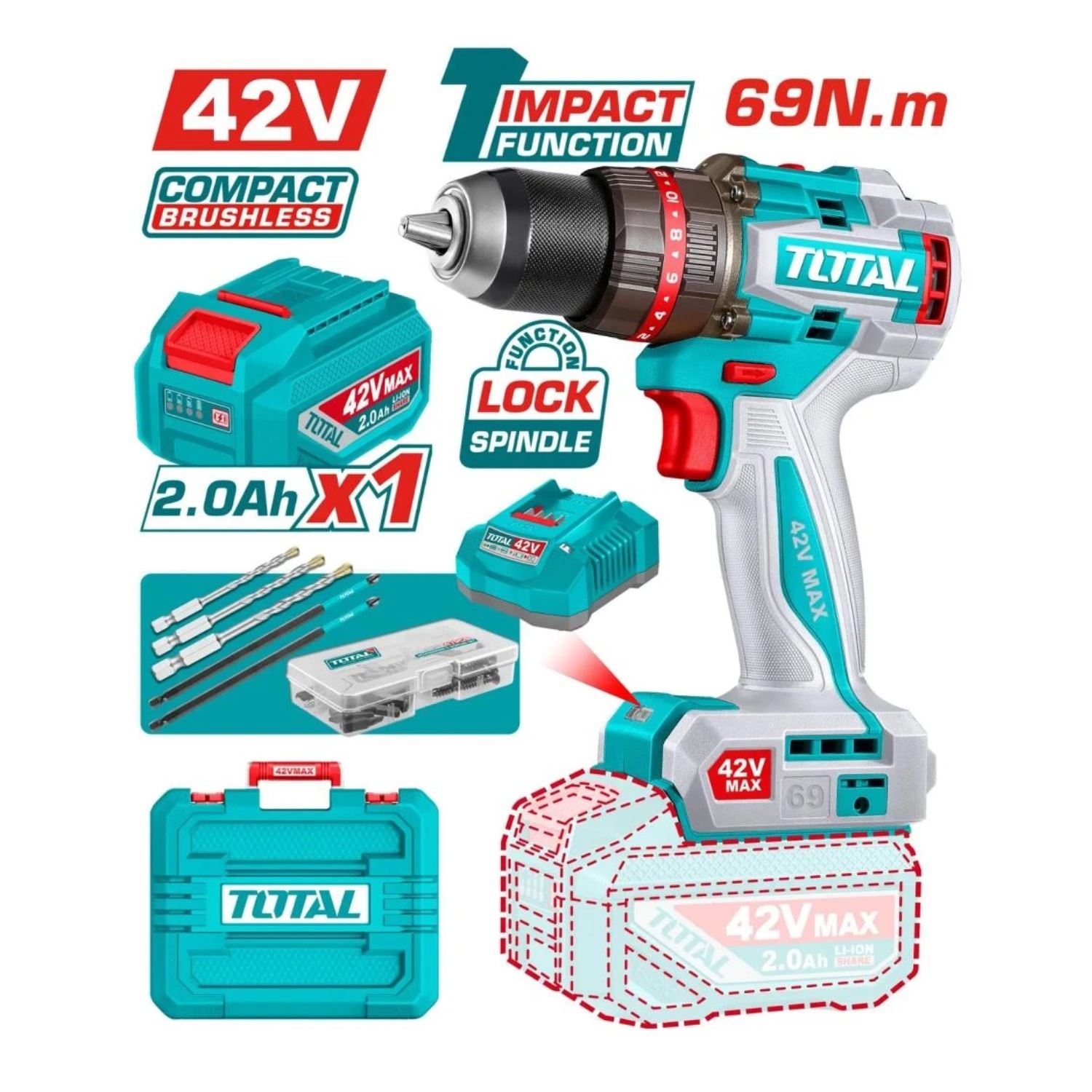 Taladro Percutor 69Nm + 1 Batería y Cargador 42v Total