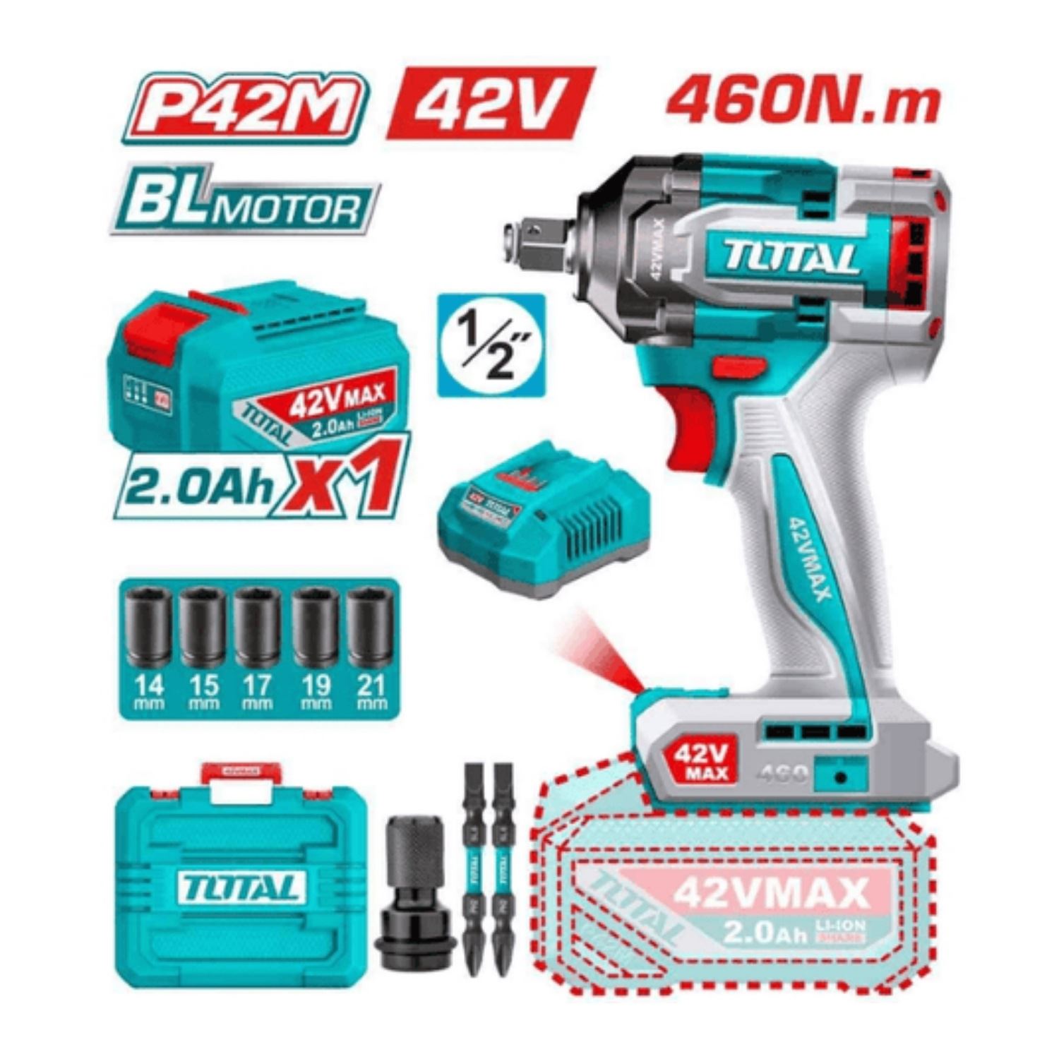 Llave de Impacto 1/2'' 460Nm + 1 Batería y Cargador 42v Total