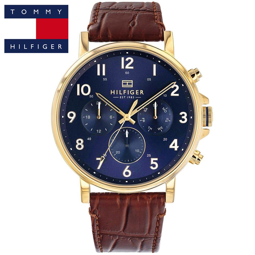 Reloj Tommy Hilfiger Daniel 1710380 Multifuncional Acero Inoxidable Dorado Correa Cuero Marron Dial Azul