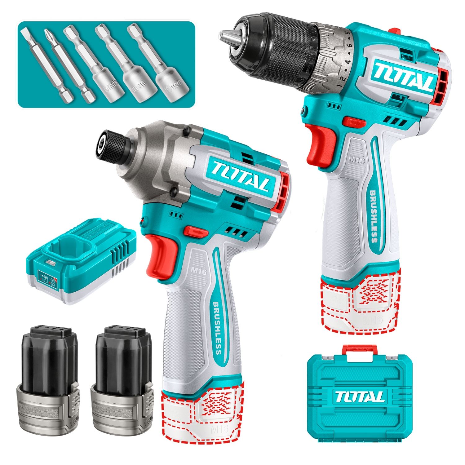 Combo Taladro Atornillador 60nm + Atornillador de Impacto 170nm 16v Total