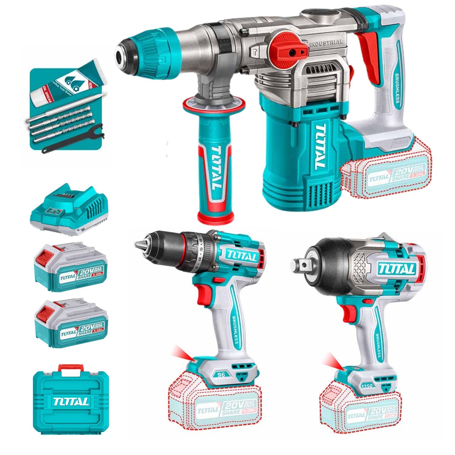Mega Combo PRO Taladro 96N.m. + Rotomartillo + Llave de Impacto 3/4" Total
