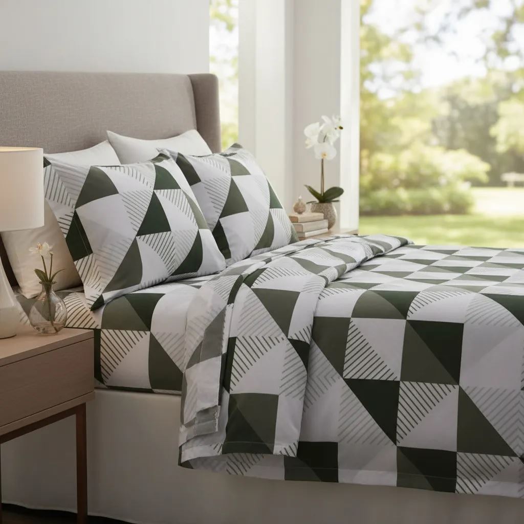 JUEGO DE SABANAS BRAMANTE ALGODÓN 144 HILOS -ESTAMPADO TRIANGULO GREEN