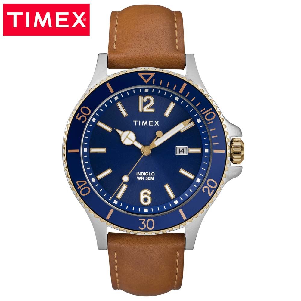 Reloj Timex Harborside TW2R64500 Luz Indiglo Fecha Correa Cuero Marrón Dial Azul