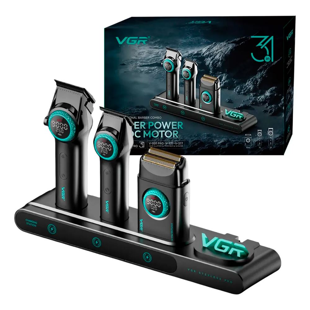 Combo VGR Stepless Pro 3 en 1 Clipper V-001 con Trimmer V-977 y Shaver V-377