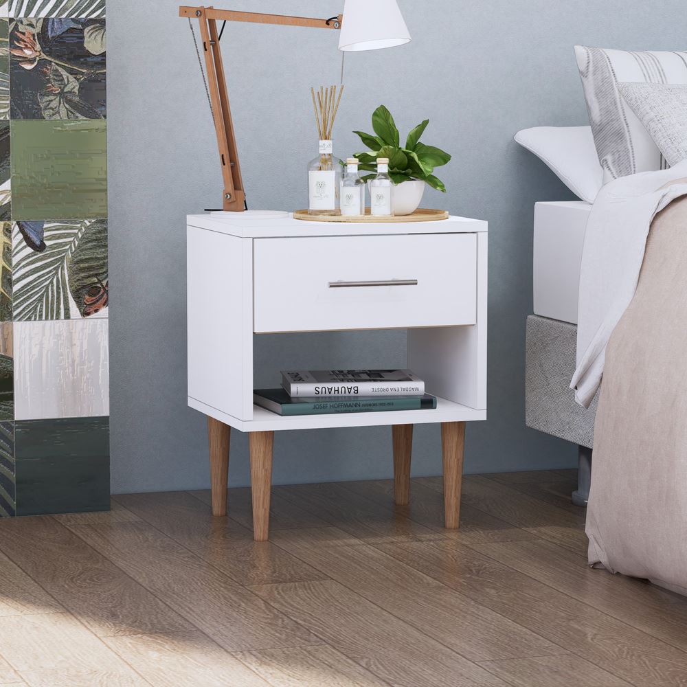Mesa de Noche Altea con 1 Cajon y Patas de Madera Blanco Movenda