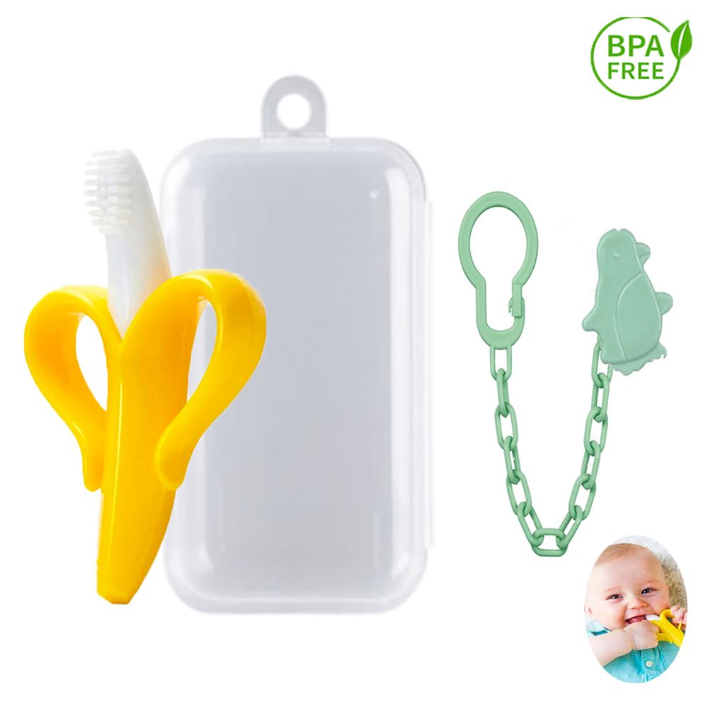 Mordedor Banana Amarillo Con Cadena Baby Froggie Pingüino Verde Para Bebe