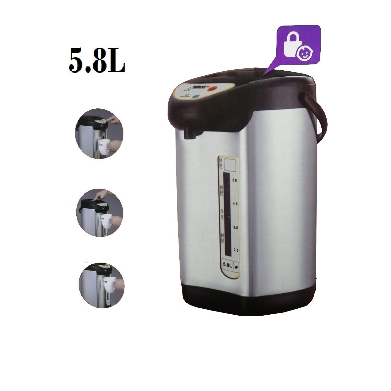Termo Hervidor NATIONAL PRO VH-5800N 5.8 Litros  Negro/Acero