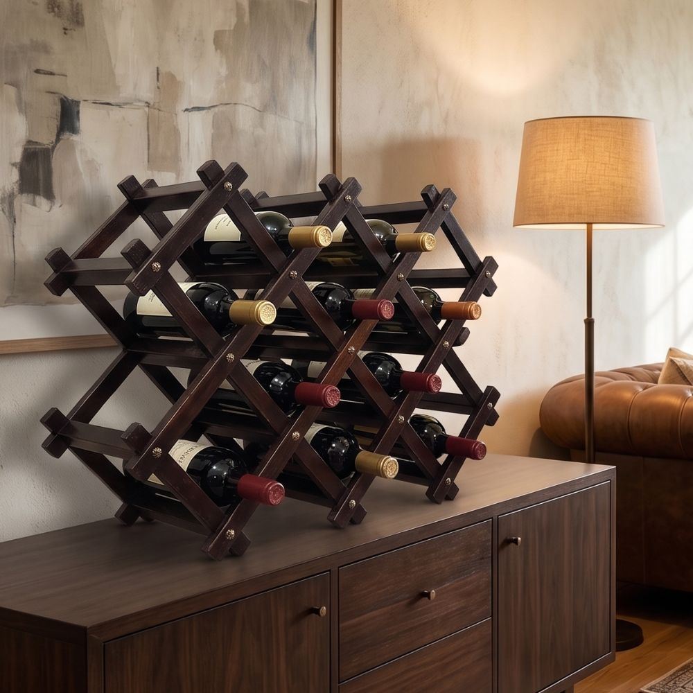 Vinera Montevideo de Madera de Pino Plegable para 10 Botellas Color Marrón – Botellero Organizador de Vinos
