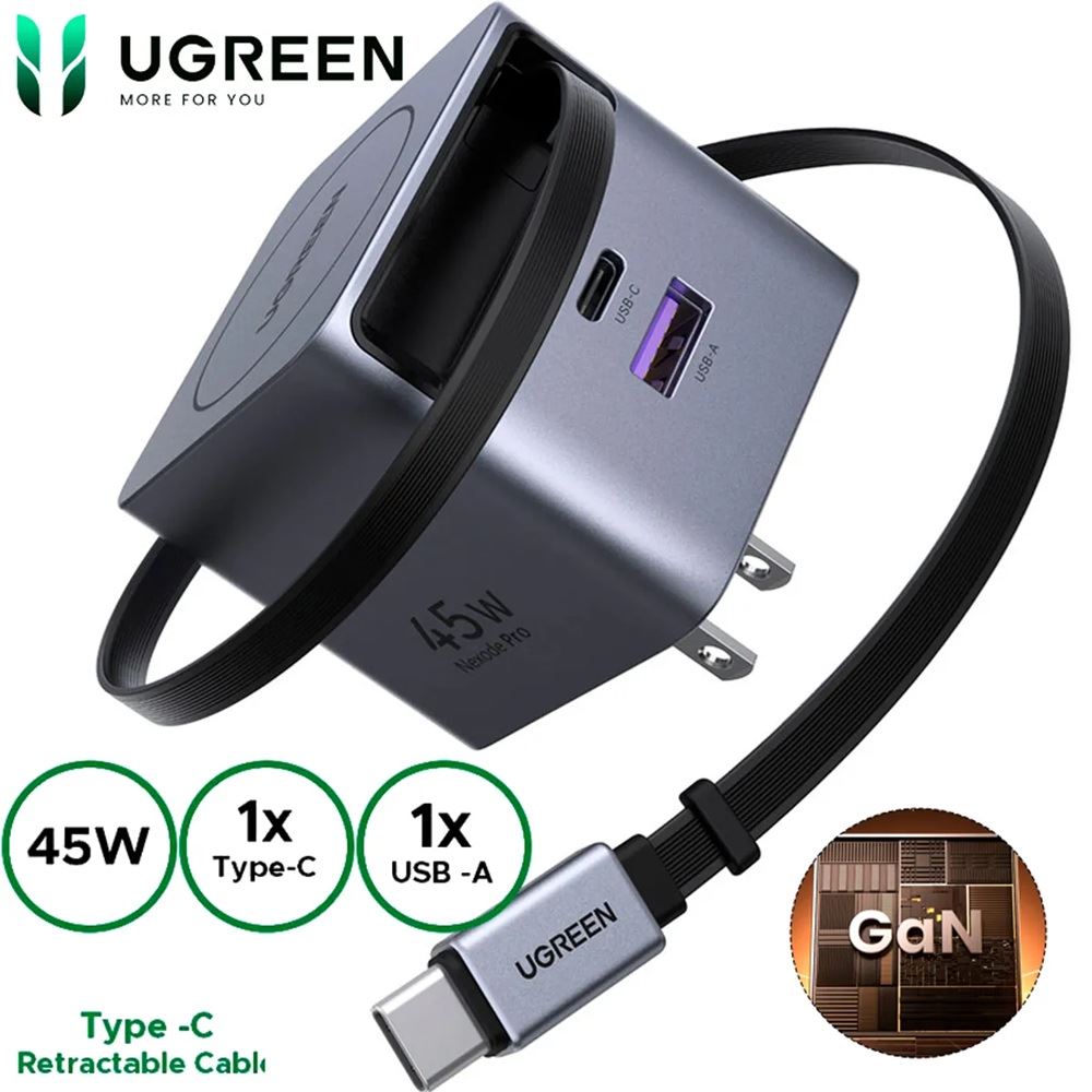 Cargador UGREEN 45W Dual Port Cable Retractil Tipo C
