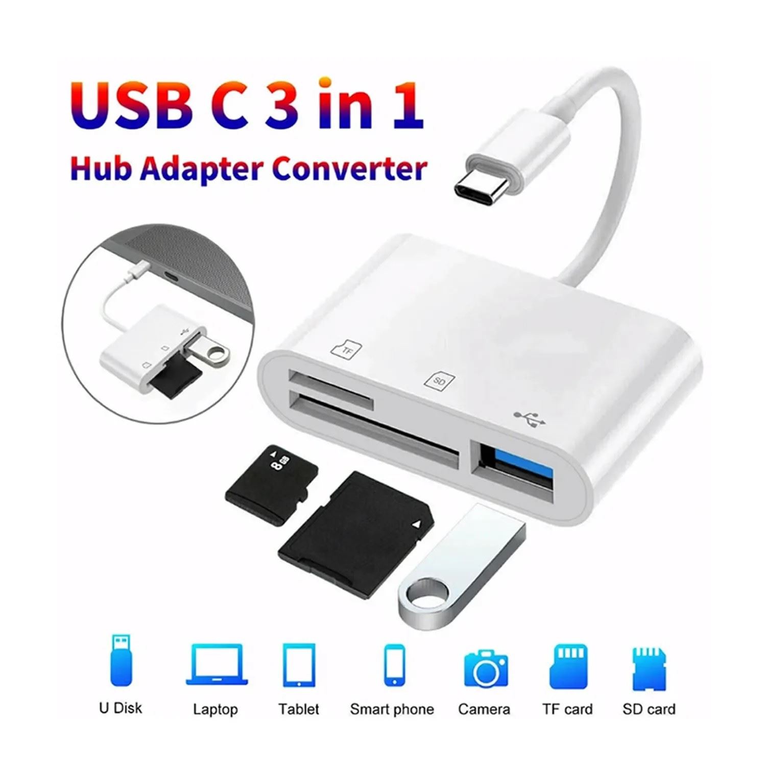 Adaptador 3 en 1 Tipo C a SD, TF, USB 3.0 COLOR BLANCO