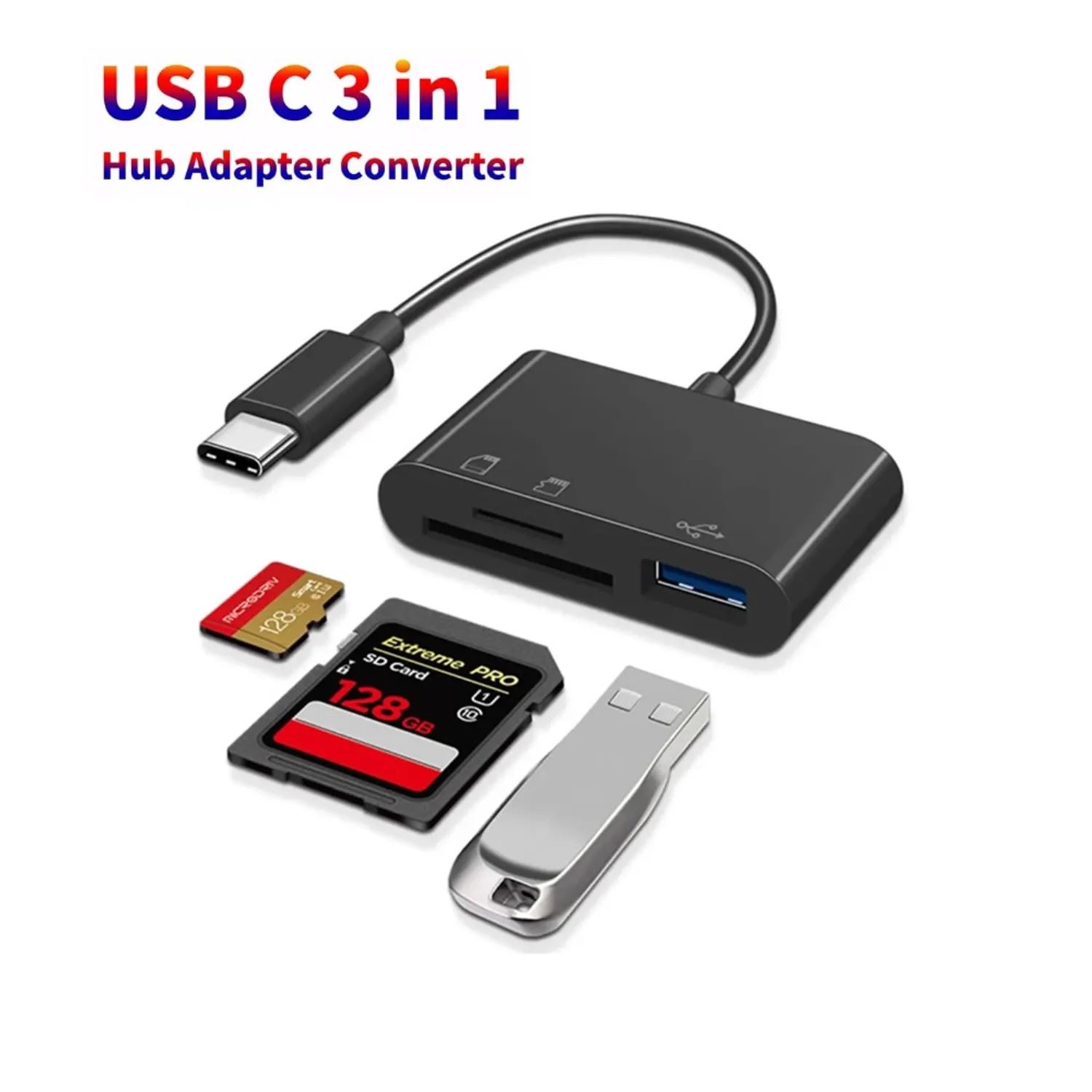 Adaptador 3 en 1 Tipo C a SD, TF, USB 3.0 COLOR NEGRO
