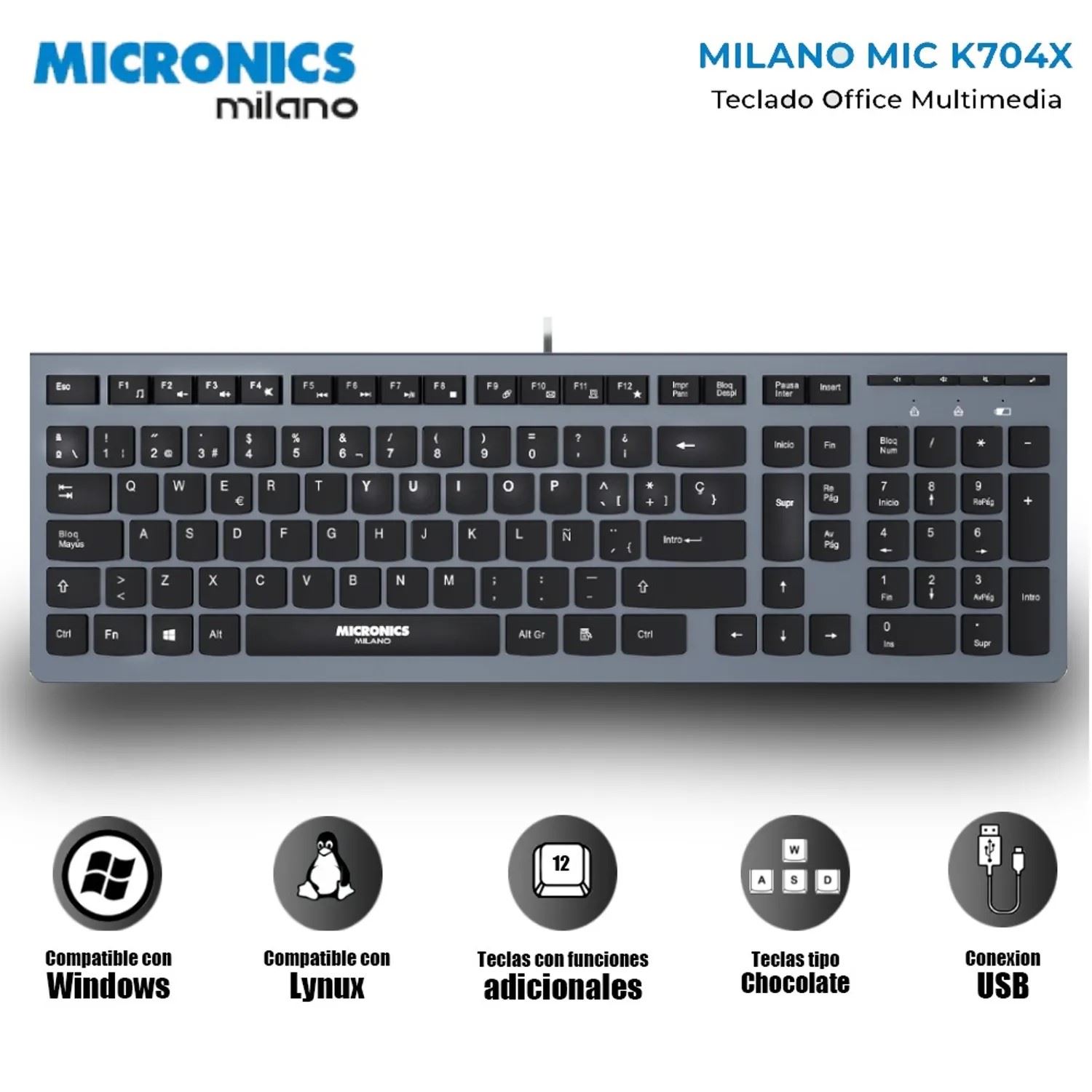 Teclado Multimedia Tipo Chocolate Milano - MIC K704