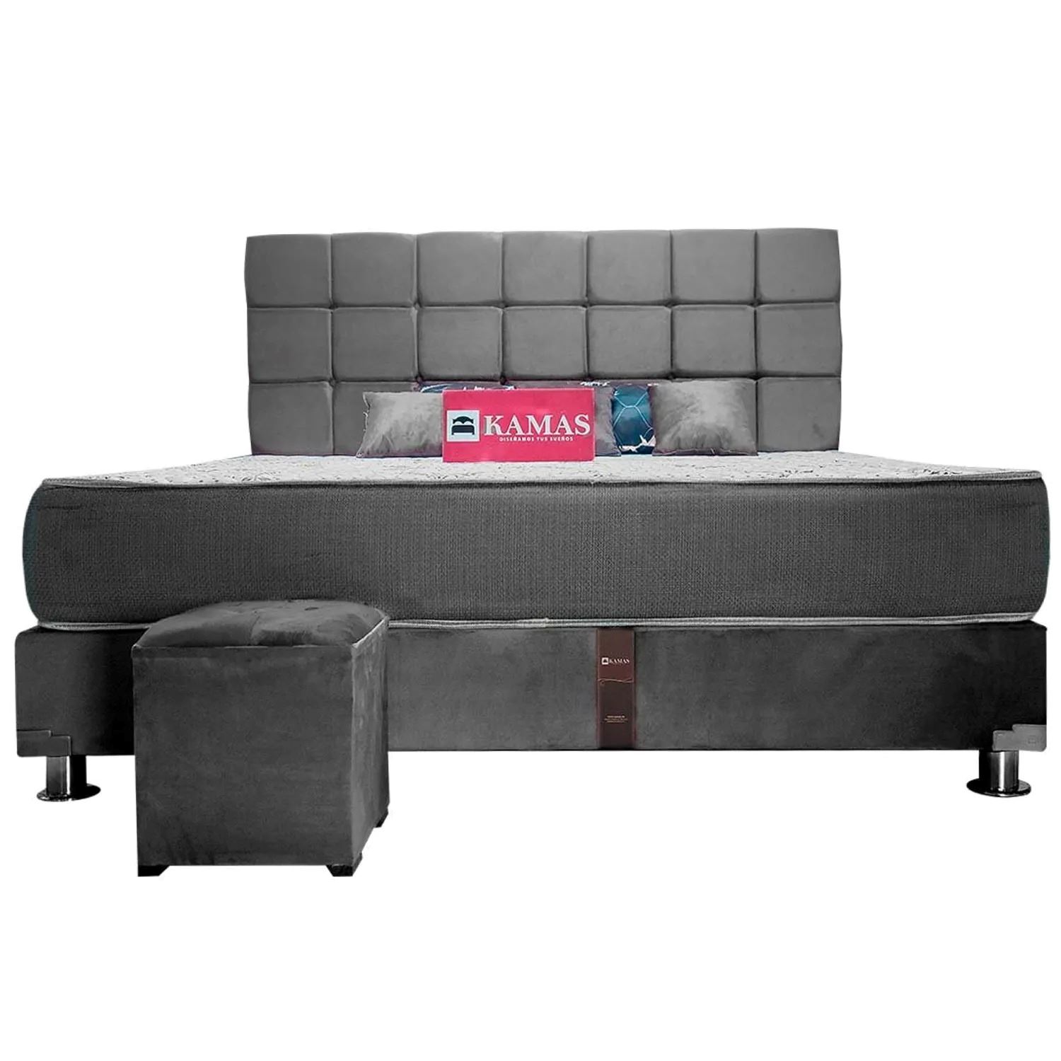 DORMITORIO KAMAS KING SARKI + CABECERA AÉREA CUADROS 2 - GRIS RATÓN