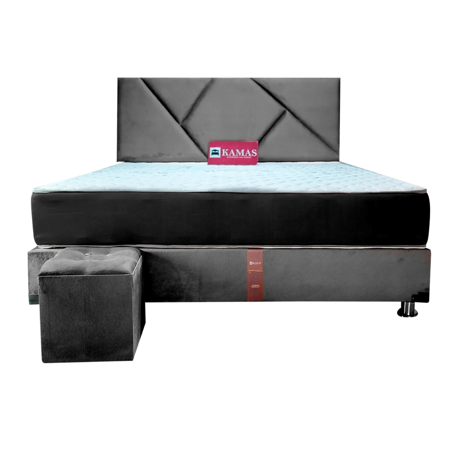 DORMITORIO AMERICANO KING + COLCHÓN KAMAS SARKI + CABECERA AÉREA LINEAL 2 + 1 PUFF - PLOMO