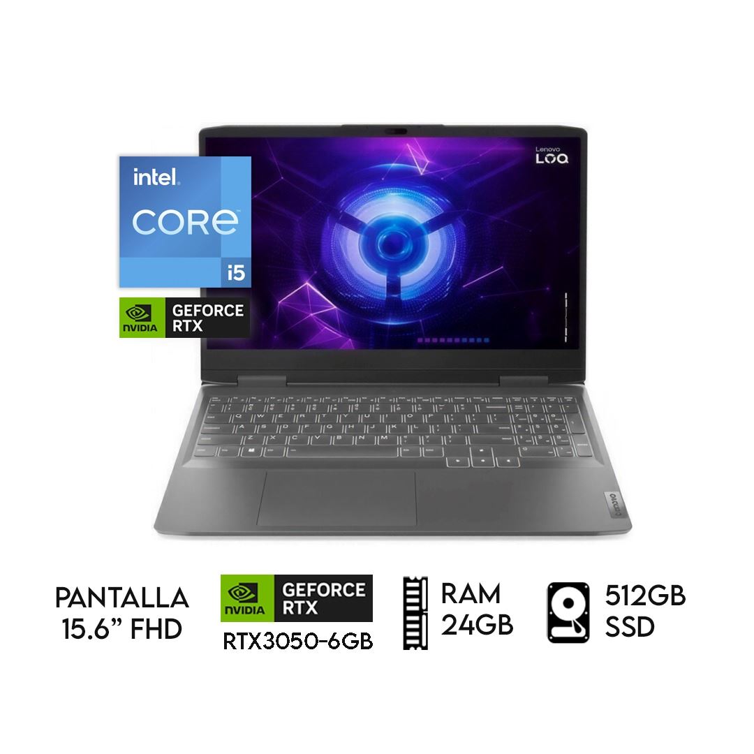 Laptop Lenovo Gaming LOQ 15 Core I5 12450hx, Ram 24GB, SSD 512GB, Rtx 3050 6GB