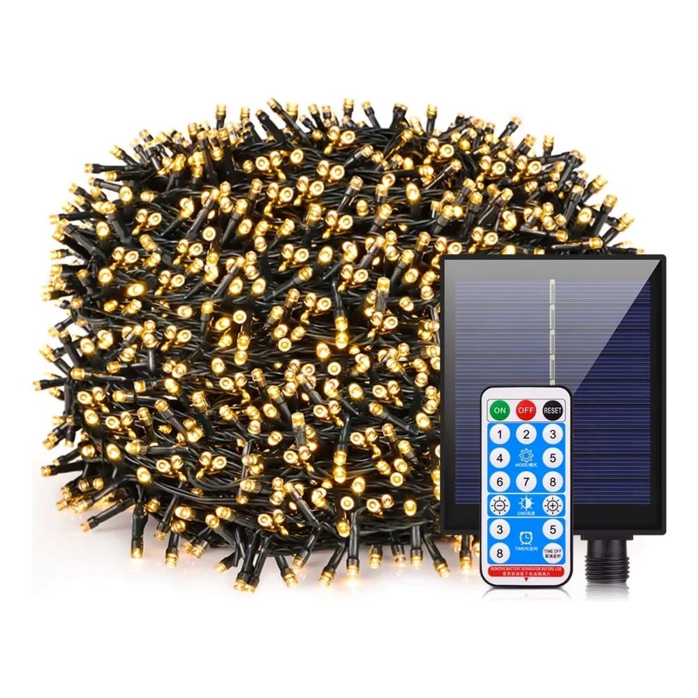 Luces Navideñas 20m 300 Led Solares + Control Remoto Amarillo