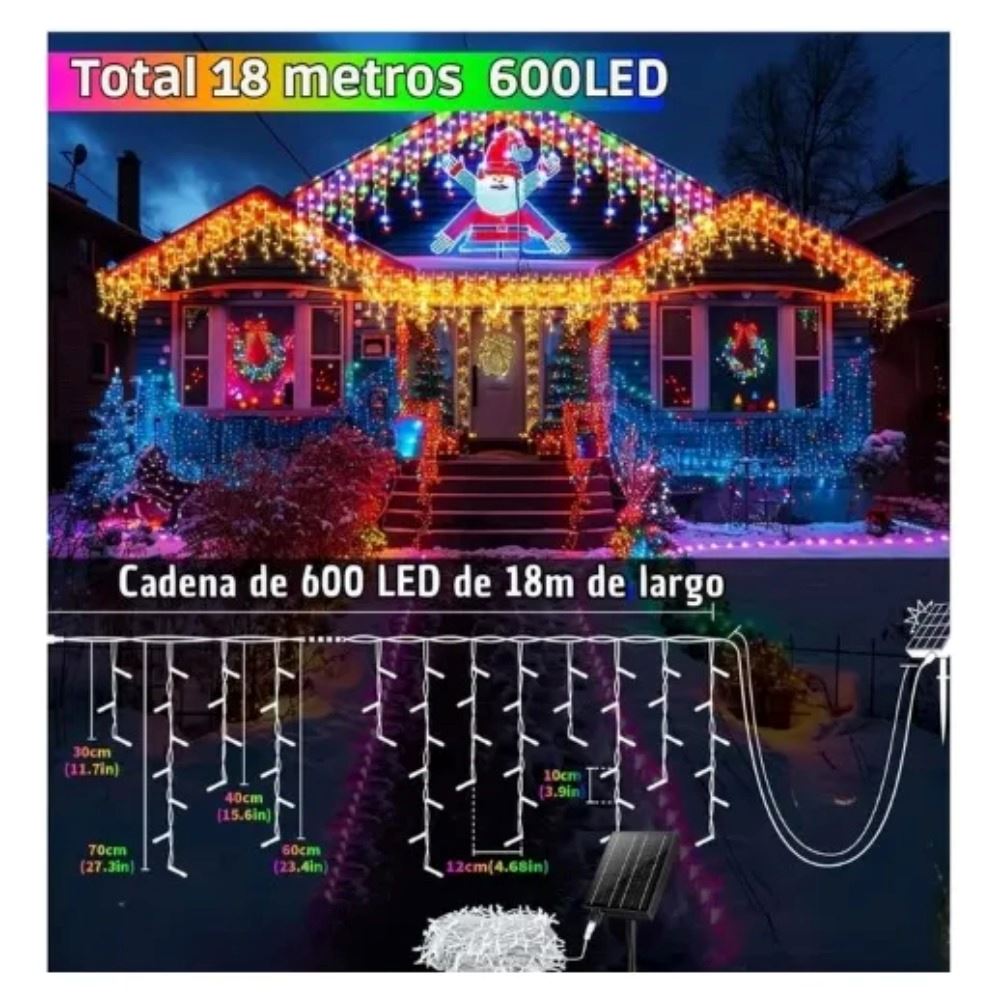 Luces De Navidad En Cascada 18 Metros 600 Luces Led Solares Multicolor
