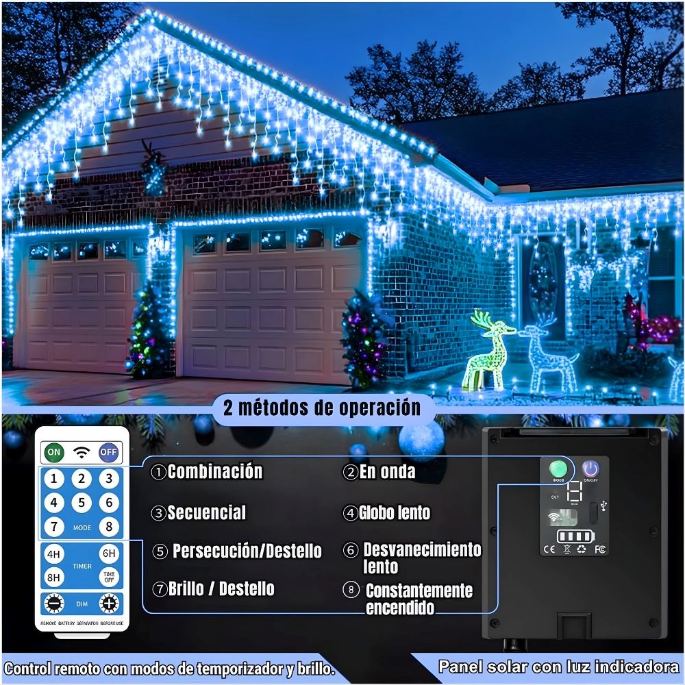Guirnalda Solar De 12 Metros 460 Luces Led De Cascada Azul