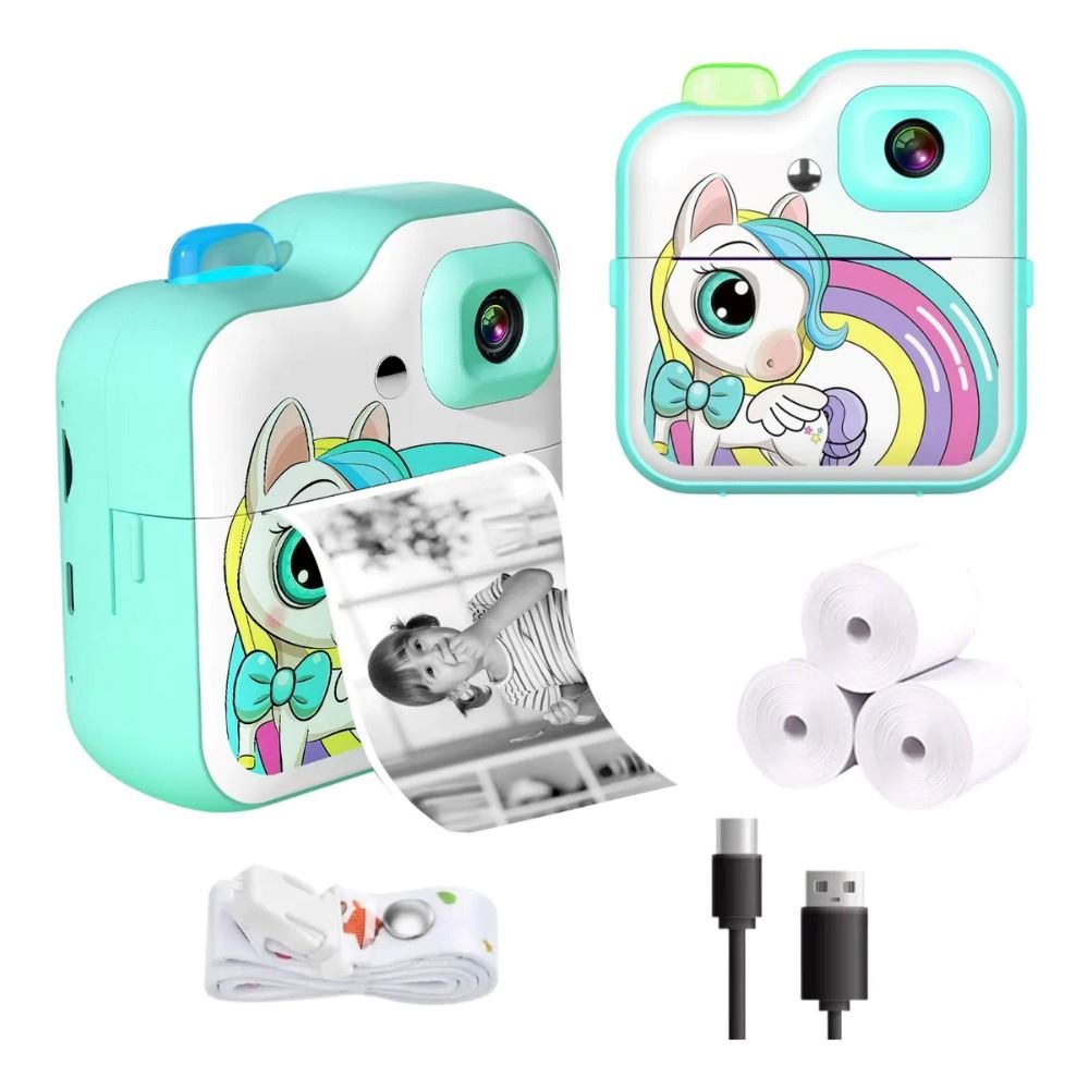 Cámara Para Niños 1080p Con Impresora Térmica Unicornio Turquesa