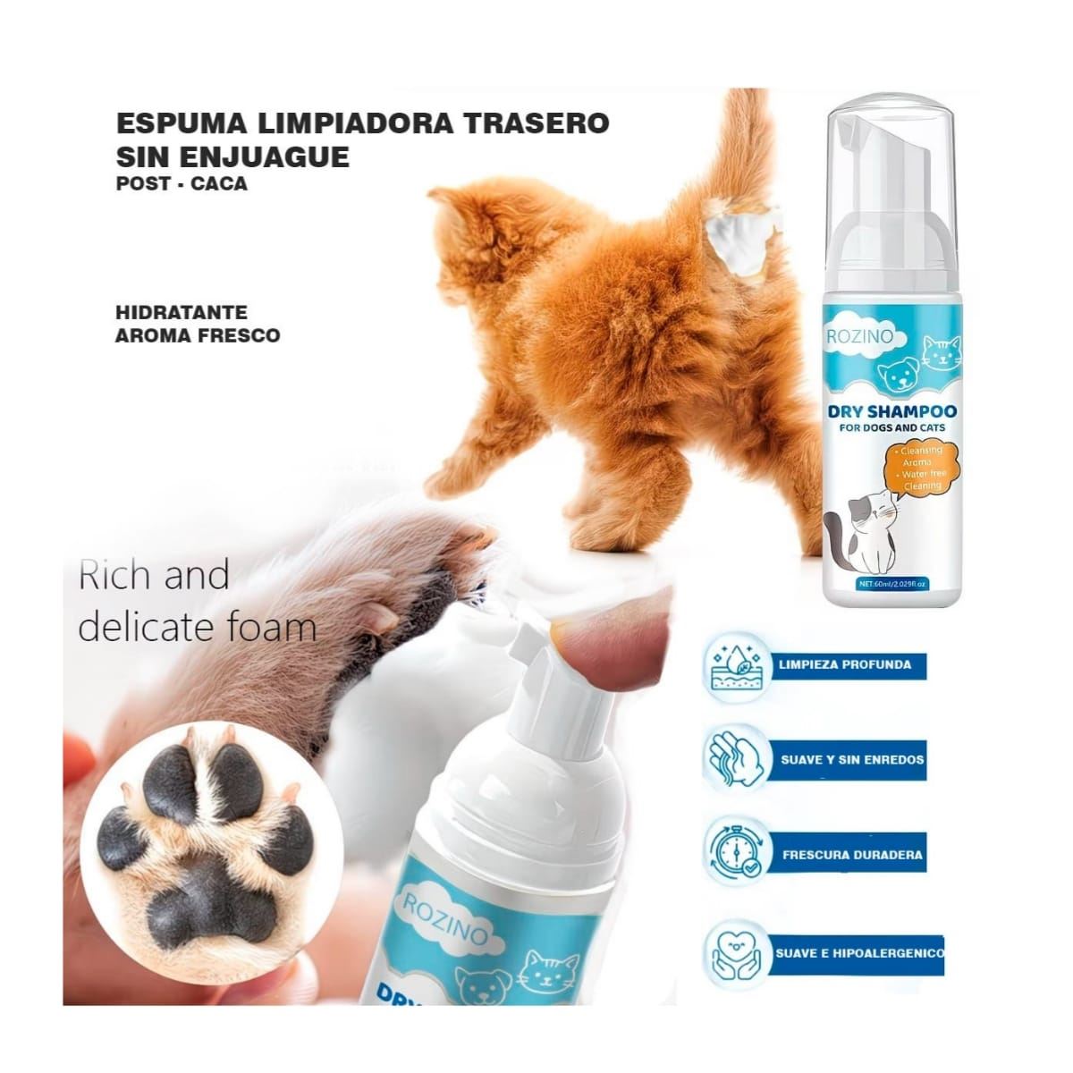 Espuma Limpiadora Sin Enjuague  Shampoo en Seco para Perros y Gatos