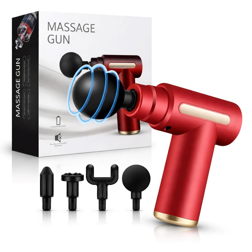 Mini Pistola De Masaje Usb, Portátil, 4 Cabezas, 6 Velocidad Rojo