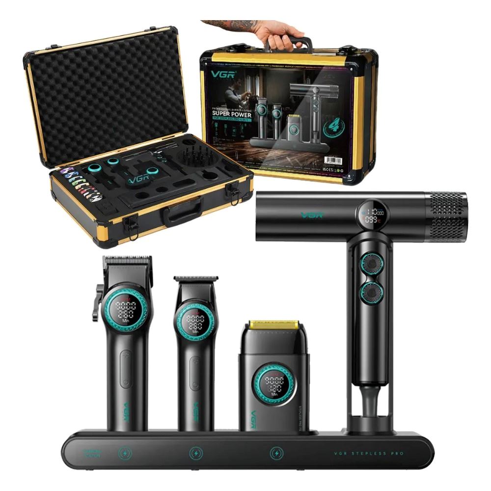 Maquina de Cortar Pelo Set Premium Barbería Maletin Clipper Trimmer Shaver Secador V-001 PRO Negro