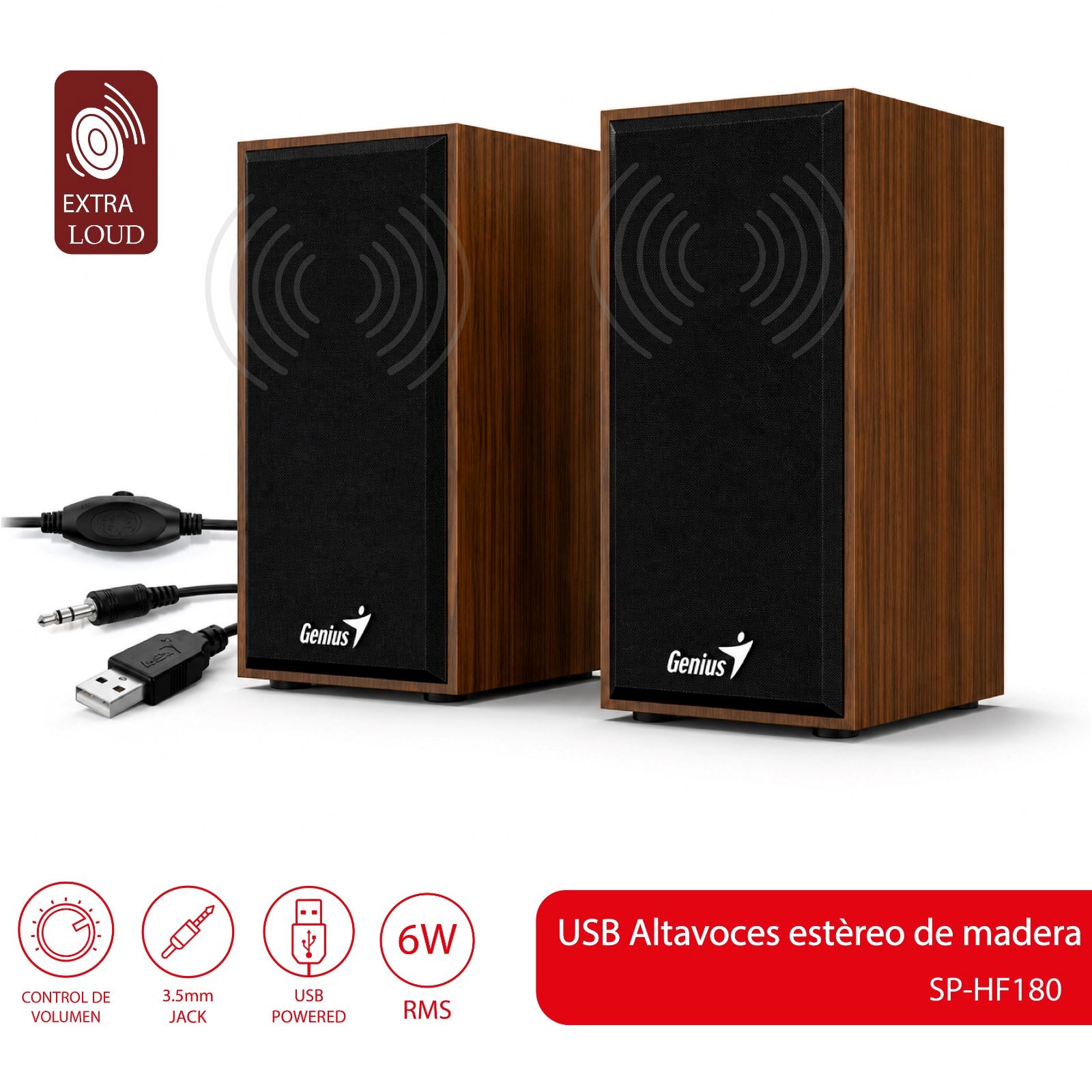 Parlantes Genius SP-HF180 Wooden Stereo USB-3.5 mm Marrón Genius