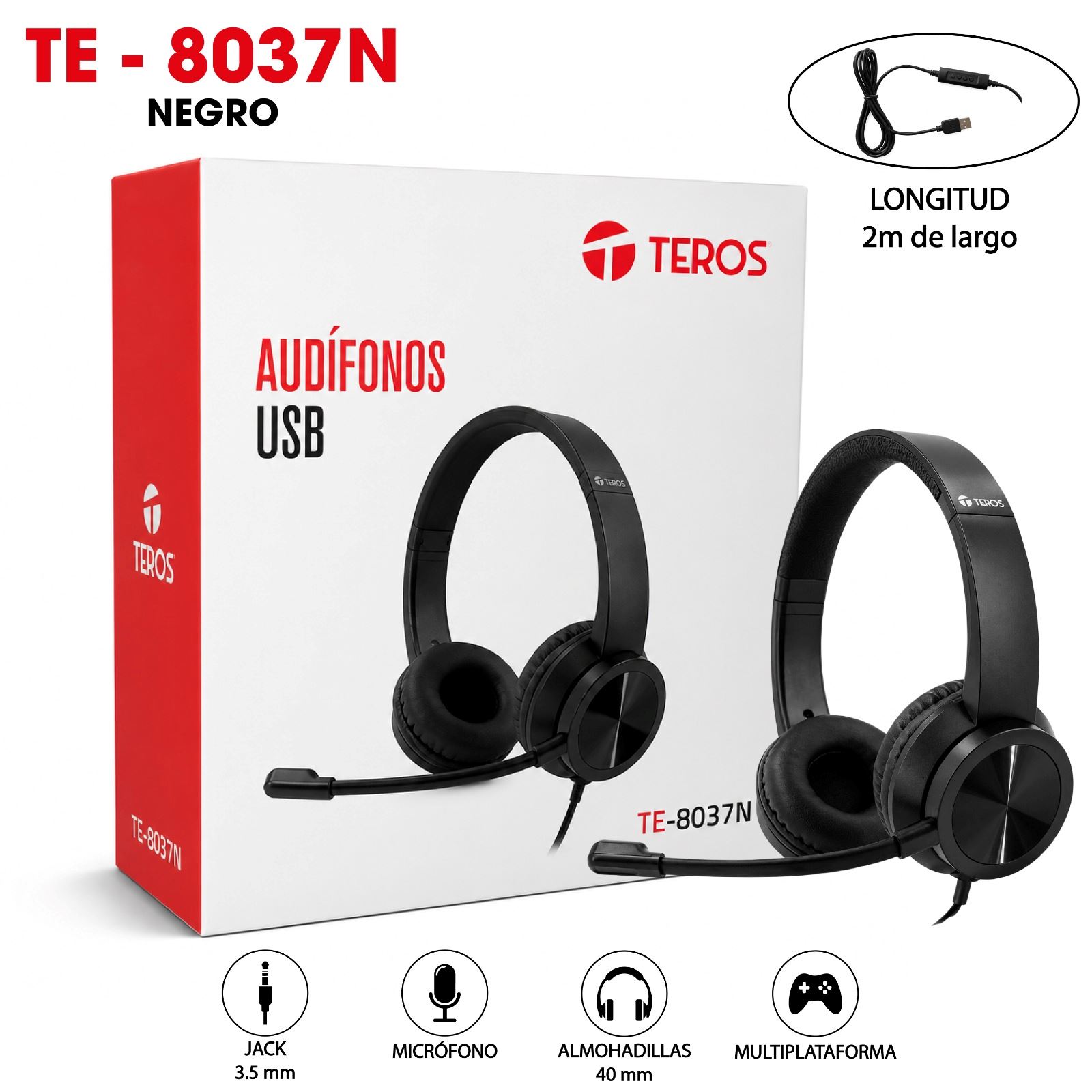 Audifonos TEROS TE-8037N HEADSET USB Negro