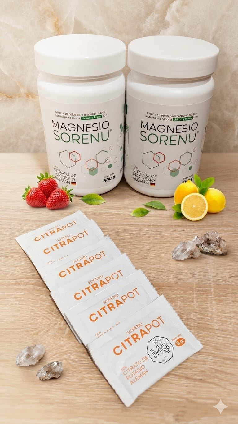 PACK Citrato de Magnesio Alemán 500g C/STEVIA + 6 SOBRES Gratis DE POTASIO SORENU-REGISTRO SANITARIO