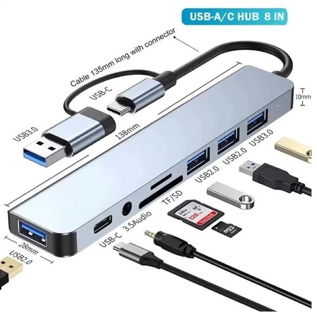 Adaptador Hub 8 en 1Tipo C Lector de tarjetas SD TF 3,5 Audio